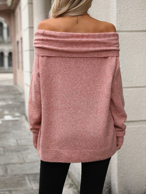 Dusty Pink cowl neck knit pullover sweater with off-the-shoulder neckline.