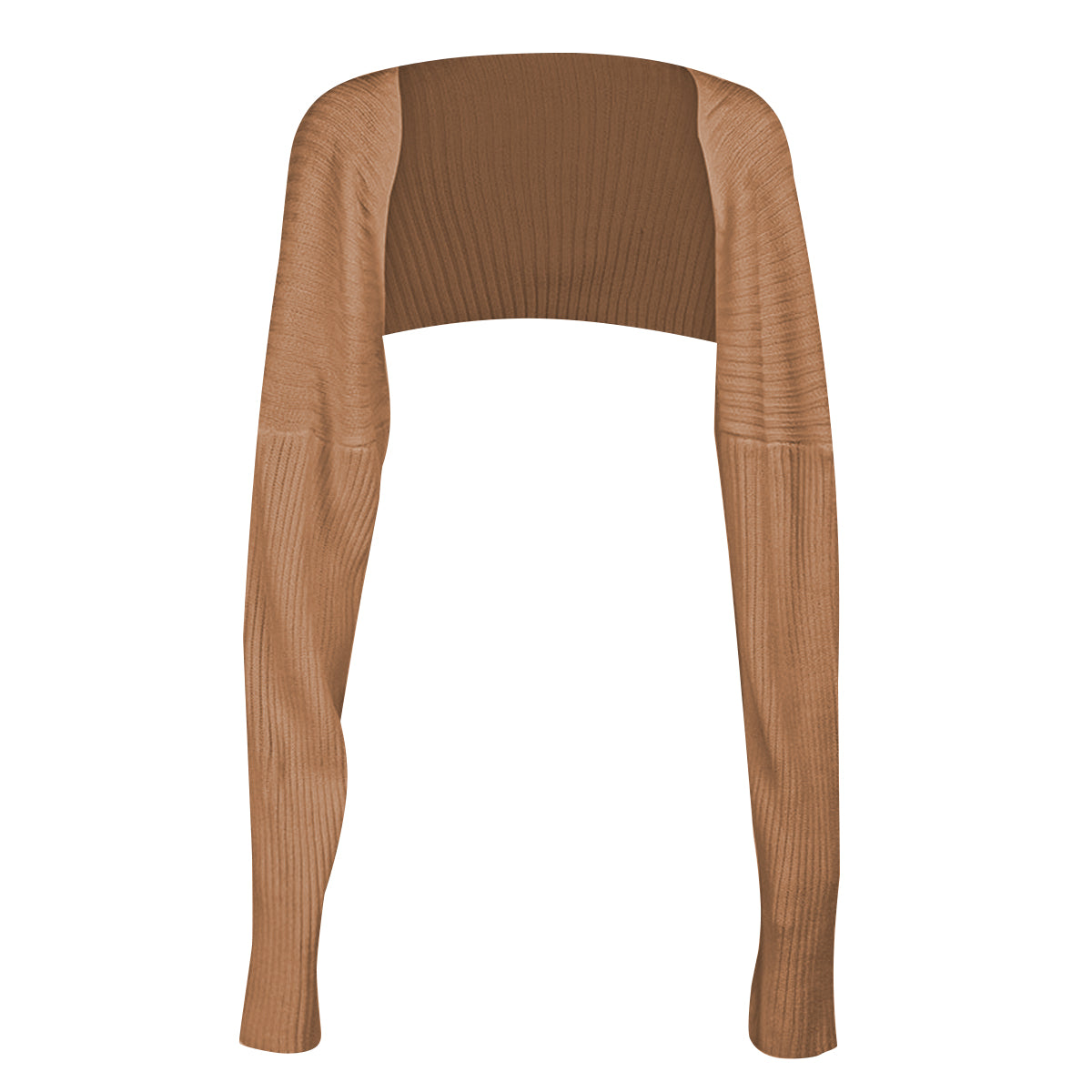Camel ribbed knit shrug with extended sleeves and a square neckline.