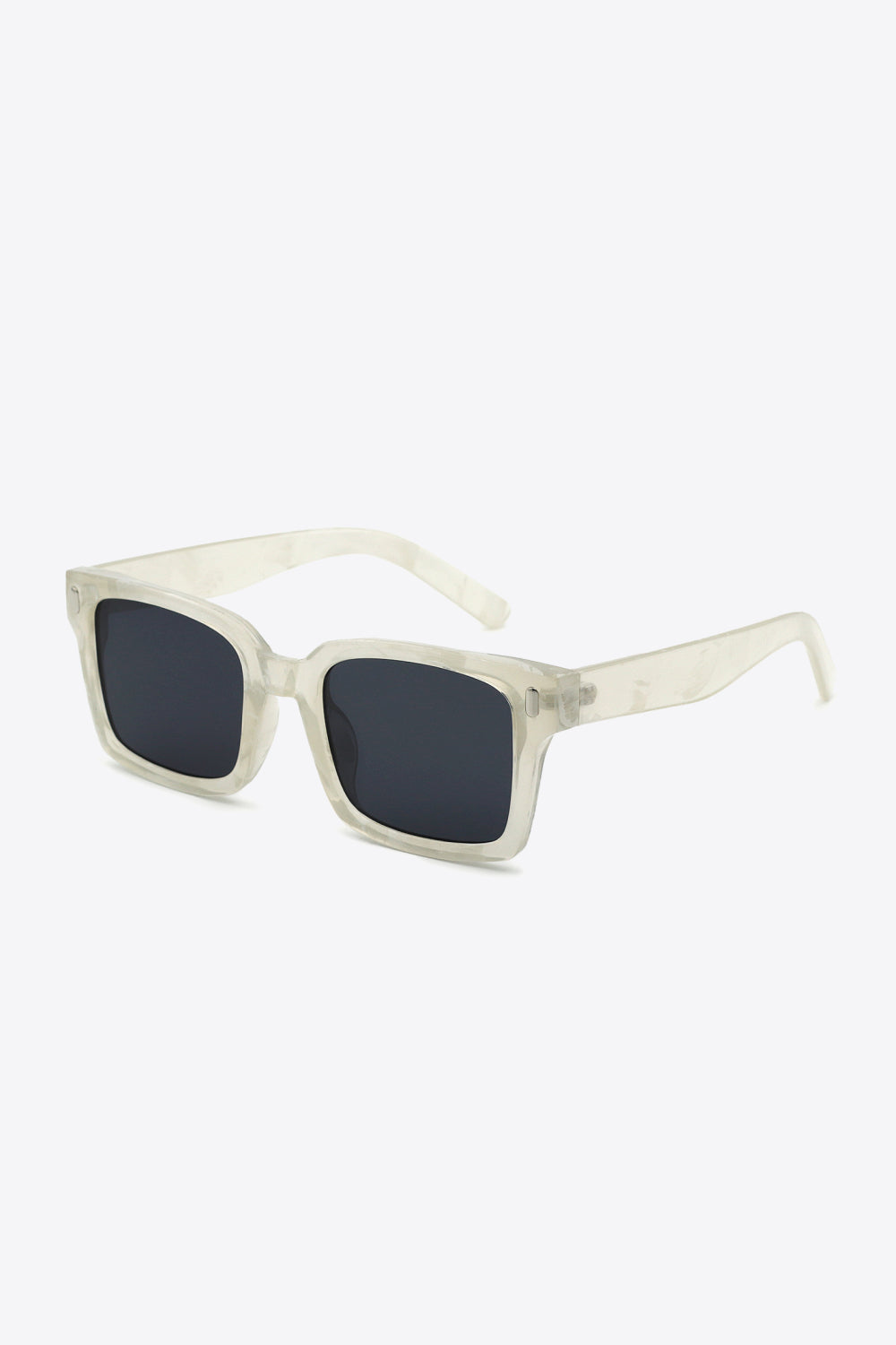 Transparent marble effect rectangular sunglasses with dark lenses.