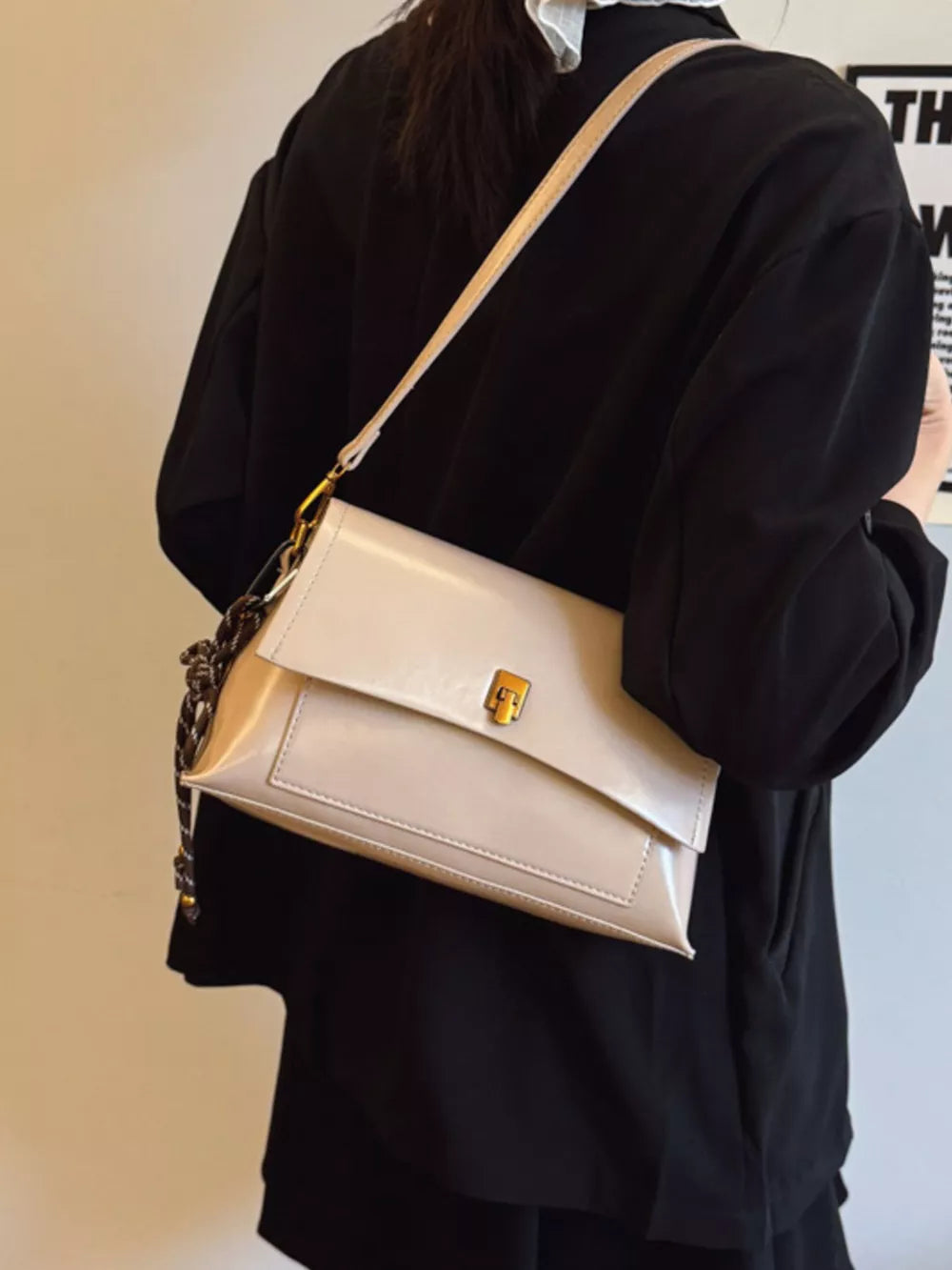 Leather Flap Shoulder Bag in Off-white, side view