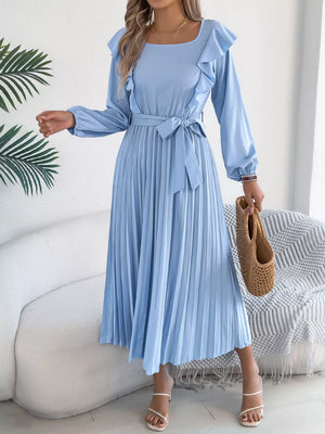 Blue ruffled A-line midi dress with long sleeves, square neckline, and pleated skirt.