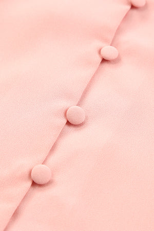 Peach button-down blouse with fabric-covered buttons and tie-front detail