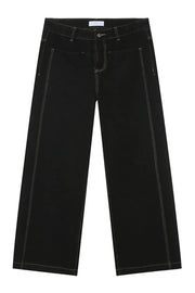 Dark straight-leg denim jeans with contrast stitching and a classic fit.