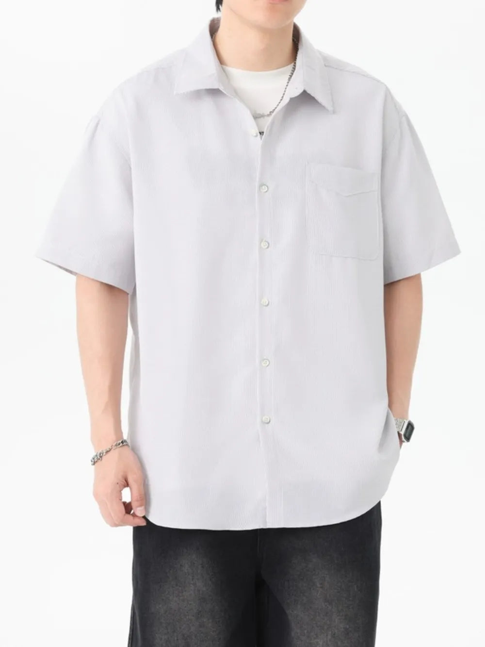 Button-down Oversized Short-sleeve Top in Blue, side view