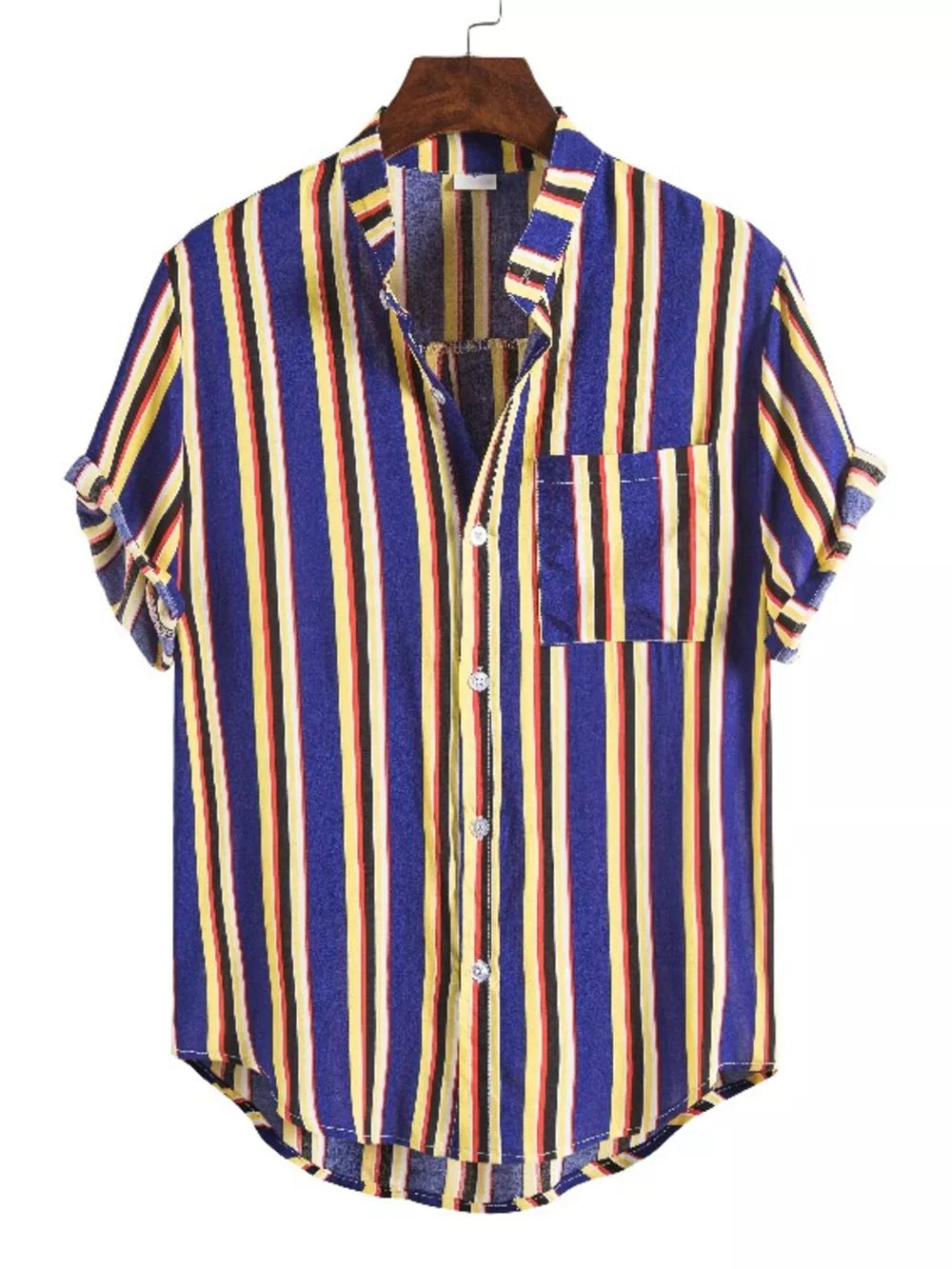 Men's Plus Size Striped Button Up Short Sleeve Shirt in Navy, side view
