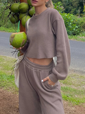 Waffle knit cropped lounge set in mocha, white, khaki, or aqua.