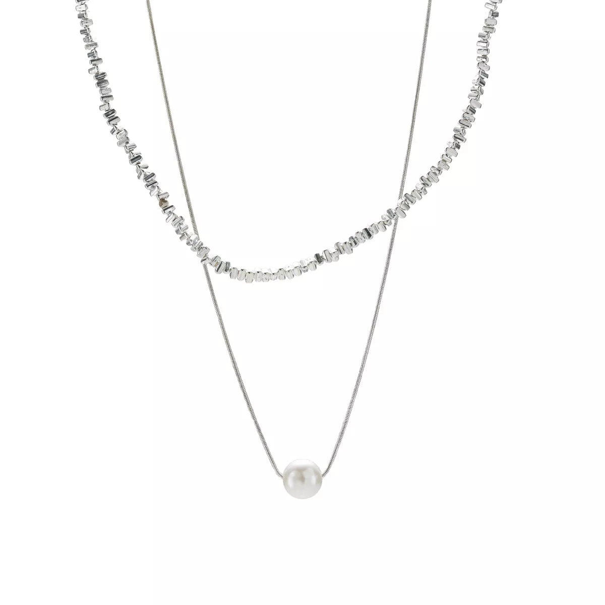 Elegant double layered silver necklace with pearl accent and textured beads