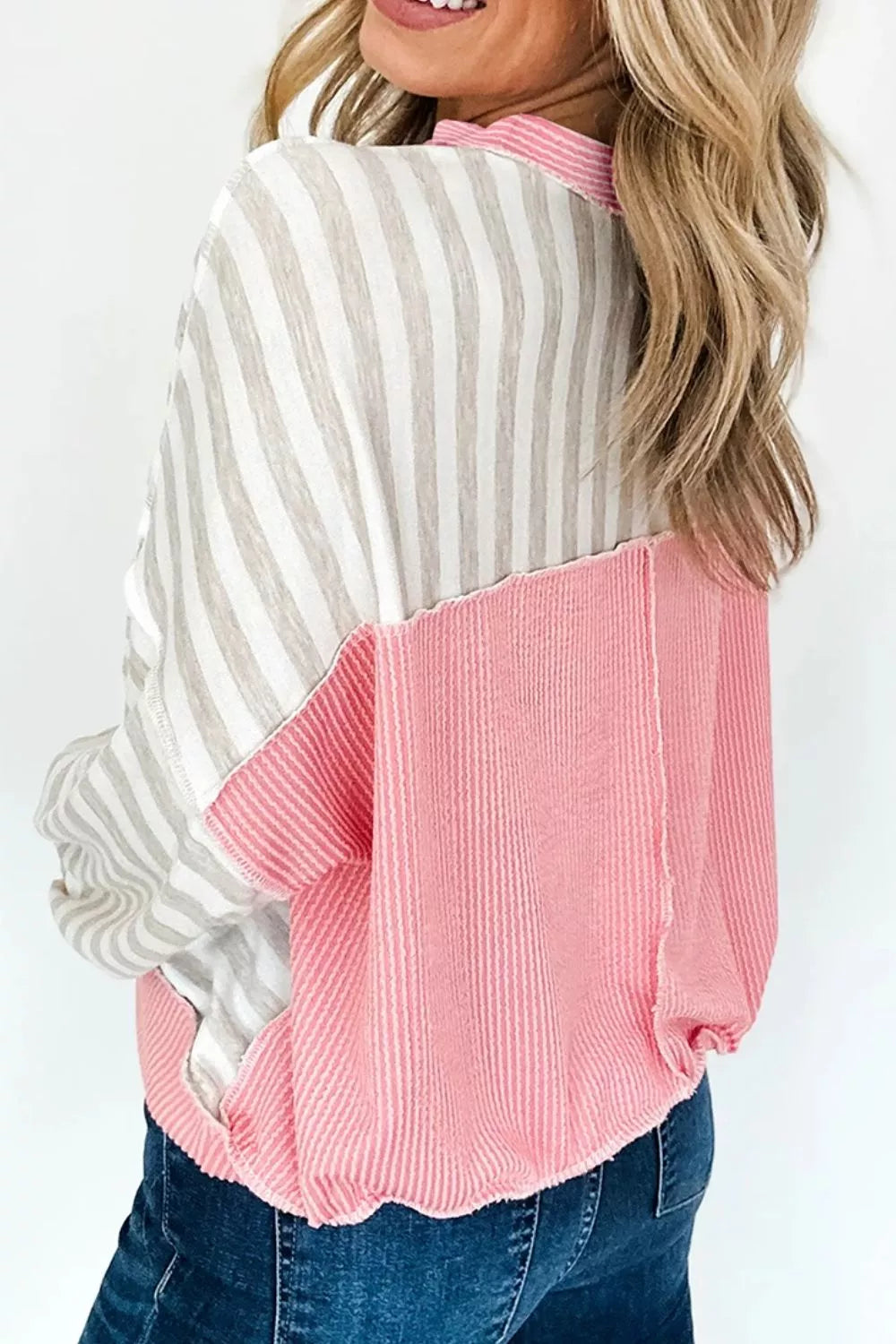 Twisted Rib Trim Striped Loose Pullover Sweatshirt, model styling view