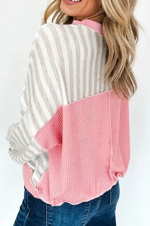 Twisted Rib Trim Striped Loose Pullover Sweatshirt, model styling view