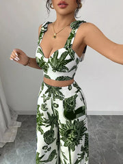 Green tropical print crop top and wide-leg pants set with tie straps