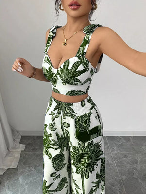 Green tropical print crop top and wide-leg pants set with tie straps