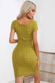 Textured knit bodycon dress in Yellow-Green with short sleeves and a square neckline.