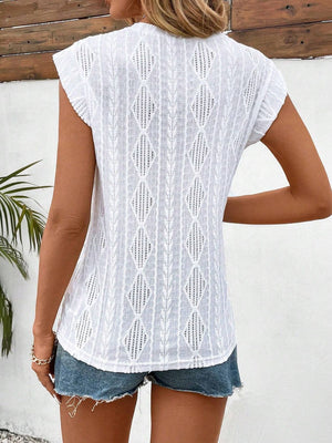 White diamond knit flutter sleeve blouse with open weave detail.