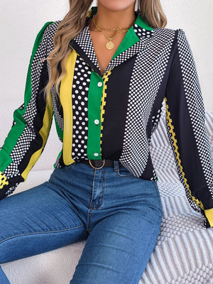 Collared print blouse with polka dots and stripes in black, white, green, and yellow.