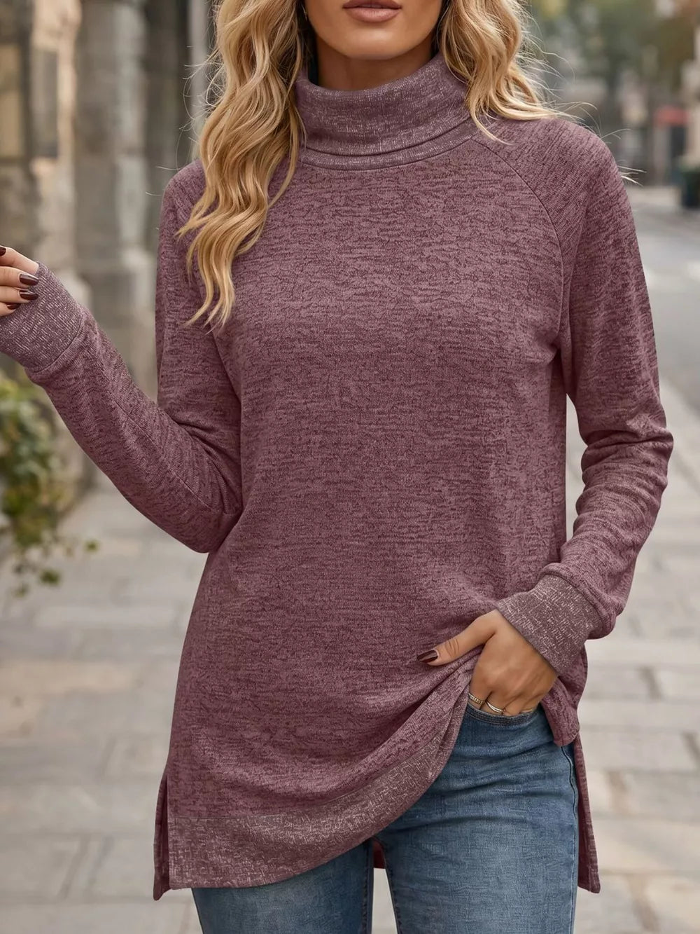 Turtleneck Raglan Sleeve T-shirt in Light Gray