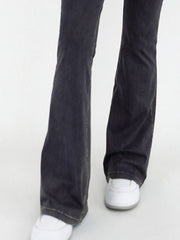 Charcoal crossover waist flare jeans with a bootcut leg and contrast stitching.