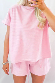 Striped oversized cotton tee and shorts loungewear set with drawstring.