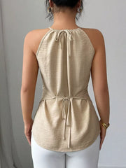 Apricot gathered neck cami with crisscross wrap detail and tie back.