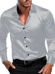 Satin finish button-down shirt in gray with black buttons, long sleeves, and a classic collar.
