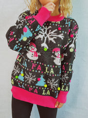 Black knit sweater with snowmen, snowflakes, trees, and pom-pom details.