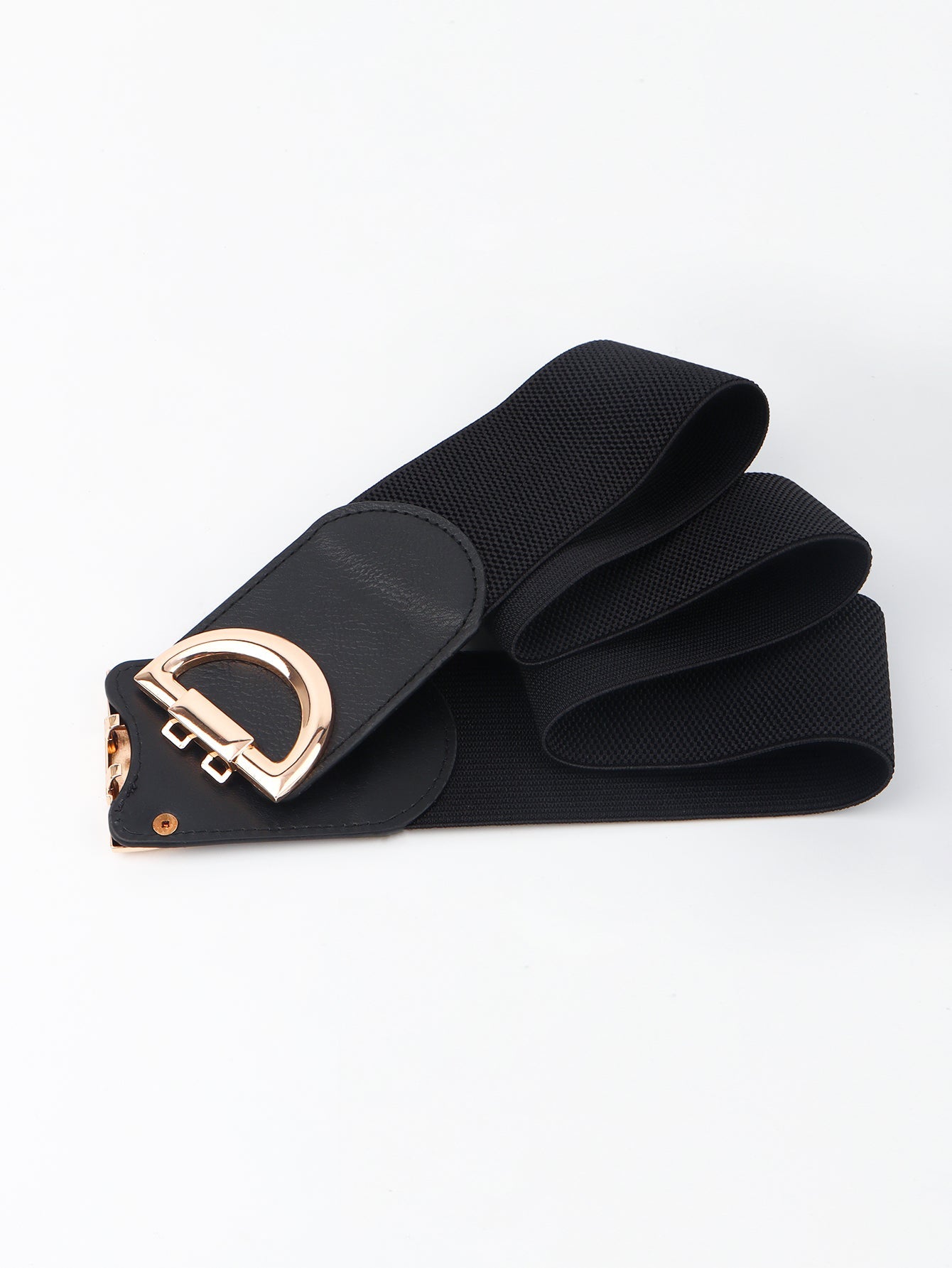 Black elastic belt with double D gold buckle and faux leather detail