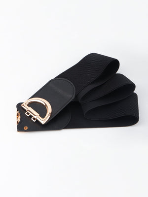 Black elastic belt with double D gold buckle and faux leather detail