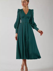 Elegant V-neck Puff Sleeve Button-down Midi Dress