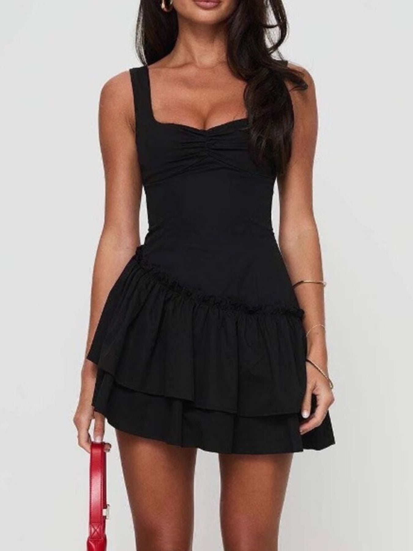 Black ruched sweetheart neckline mini dress with tiered ruffled skirt