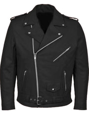 Men's black zip-up motorcycle jacket with belted waist and silver hardware.