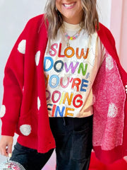 Polka Dot Button Front Oversized V Neck Cardigan in Deep Red, model styling view