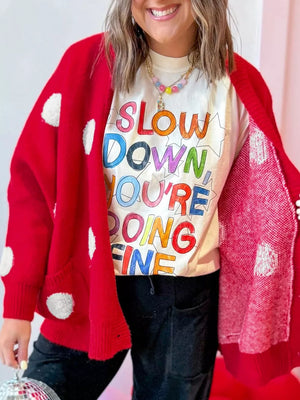 Polka Dot Button Front Oversized V Neck Cardigan in Deep Red, model styling view