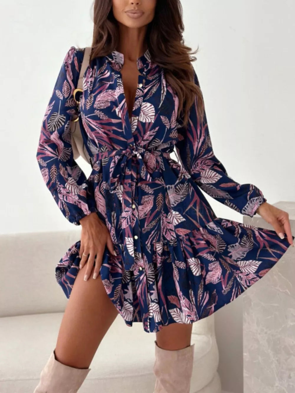 Navy floral tie-waist mini dress with button-down front and tiered hem