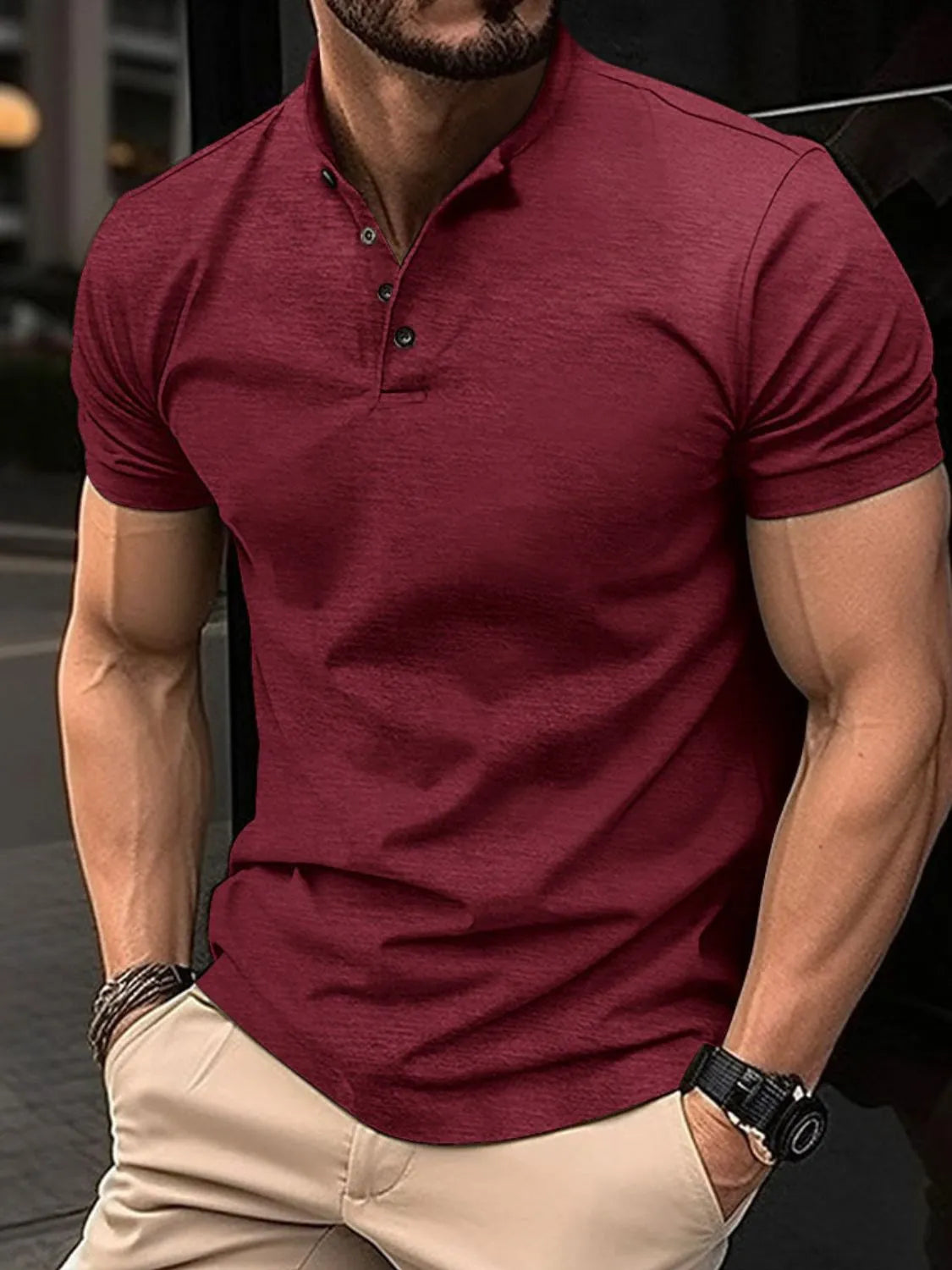 Burgundy Mandarin Collar Henley Polo Shirt with buttoned placket