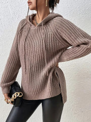 Textured knit mocha hoodie with drawstring and side slits, relaxed fit.