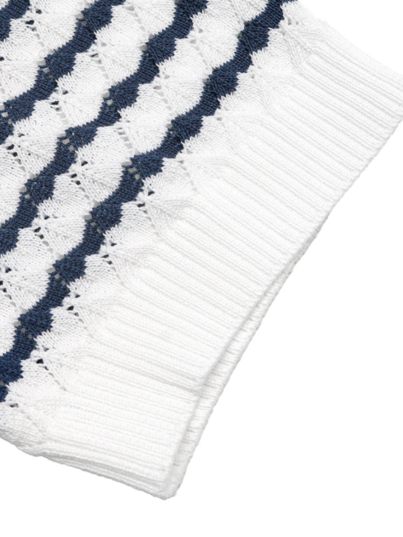 Chic white knit cardigan with navy stripes and openwork detail