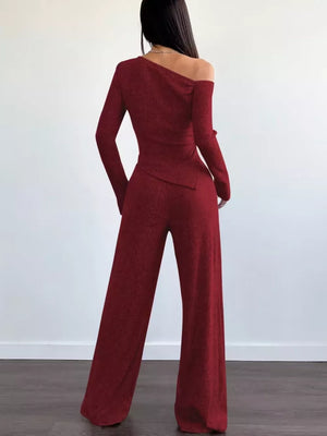 Chic One-shoulder Asymmetrical Top & Wide-leg Pants Set in Burgundy, view 12