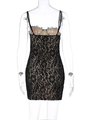 Black lace mini dress with spaghetti straps and scalloped trim.