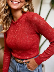 Sculpted Ribbed Knit Top With Ruffled Neckline