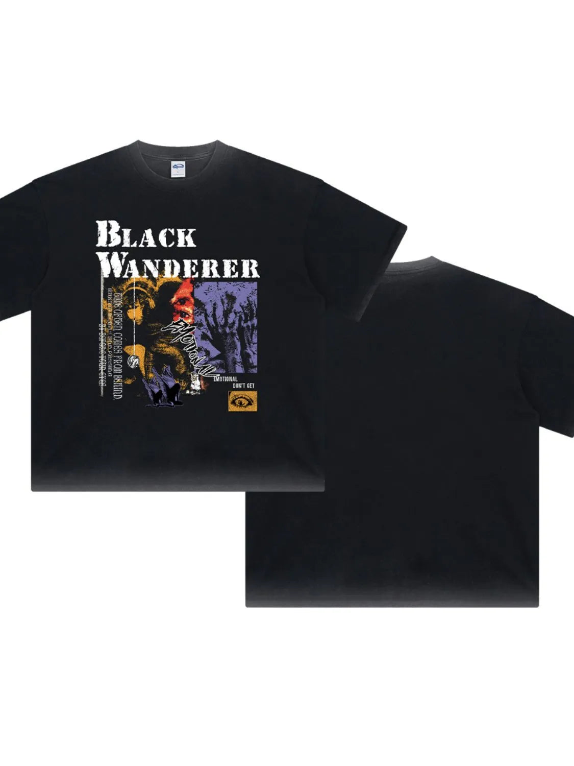 Black Wanderer graphic tee with washed cotton, crew neck, and short sleeves. Features abstract art and text.