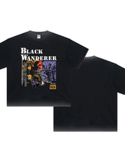 Black Wanderer graphic tee with washed cotton, crew neck, and short sleeves. Features abstract art and text.