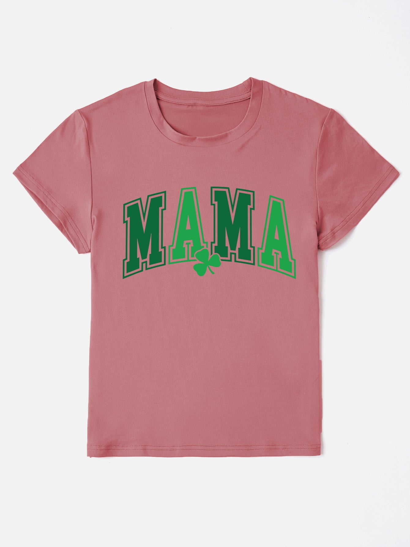 Dusty Pink Mama graphic t-shirt with green shamrock and text.