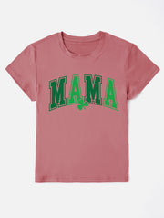Dusty Pink Mama graphic t-shirt with green shamrock and text.