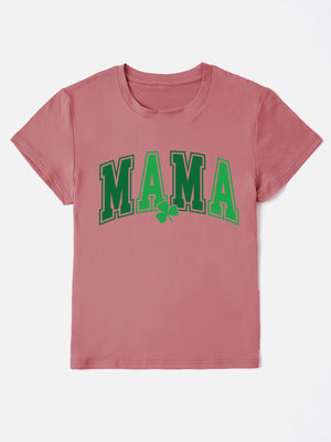 Dusty Pink Mama graphic t-shirt with green shamrock and text.