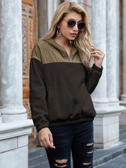 Quilted shoulder block fleece hoodie in khaki and dark blue with a quarter zip and pockets.