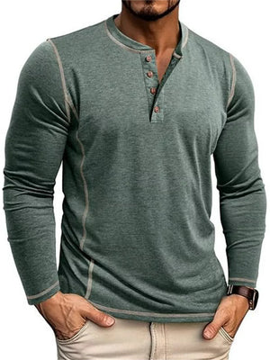 Men's green long sleeve t-shirt with button detail and contrast stitching