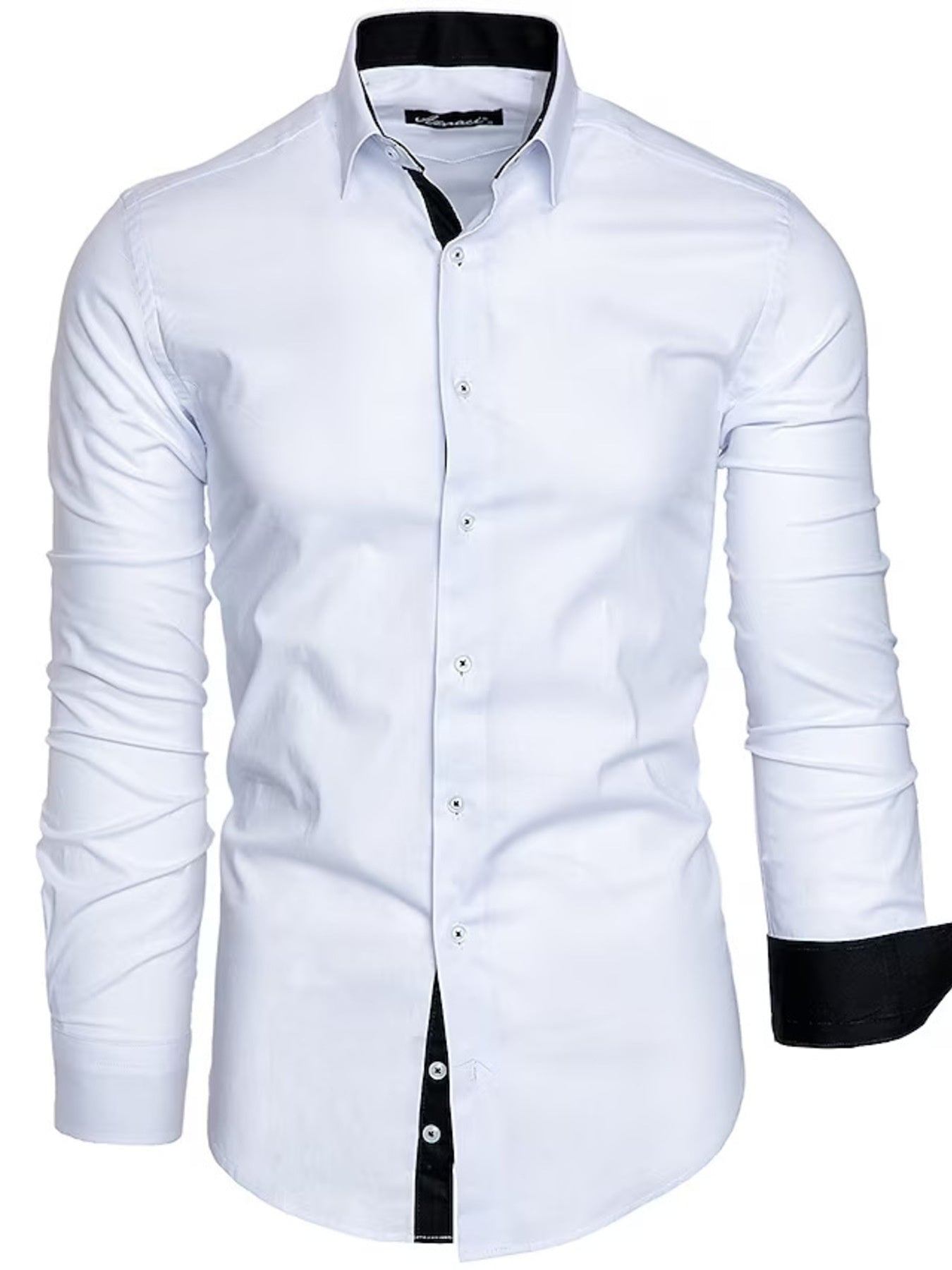White cotton blend slim fit shirt with black contrast trim on collar, placket, and cuffs.