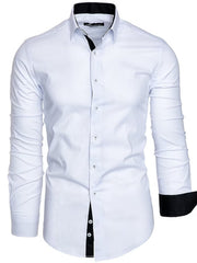 White cotton blend slim fit shirt with black contrast trim on collar, placket, and cuffs.