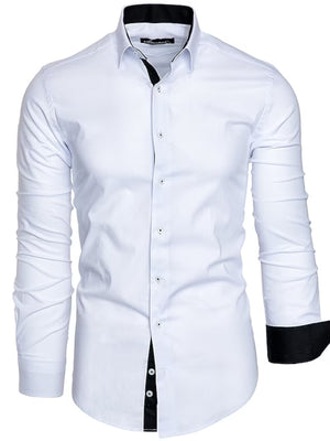 White cotton blend slim fit shirt with black contrast trim on collar, placket, and cuffs.