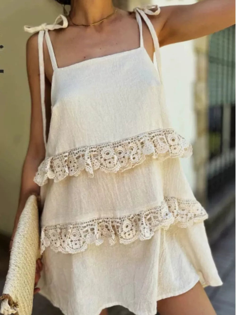 Lace Trim Spaghetti Strap Dress, model styling view
