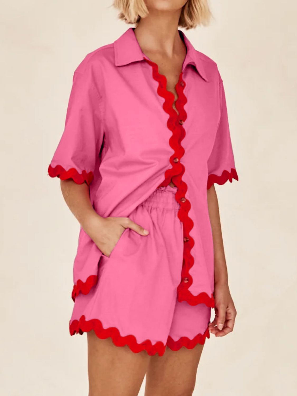 Hot Pink scallop edge shirt and shorts set with red trim.